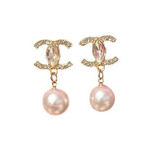 Designer Inspired Gold-Tone White Pearl Drop Earrings with Crystal CC Logi